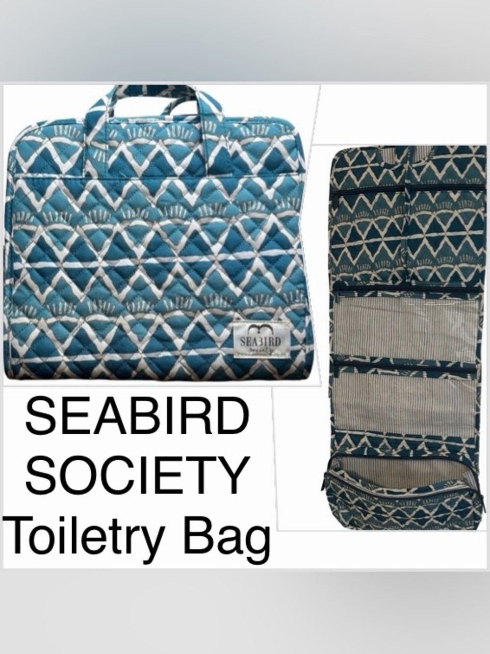 SEABIRD SOCIETY - Sunshine Daydream Hanging Toiletry Bag - Teal & Cream, NWT